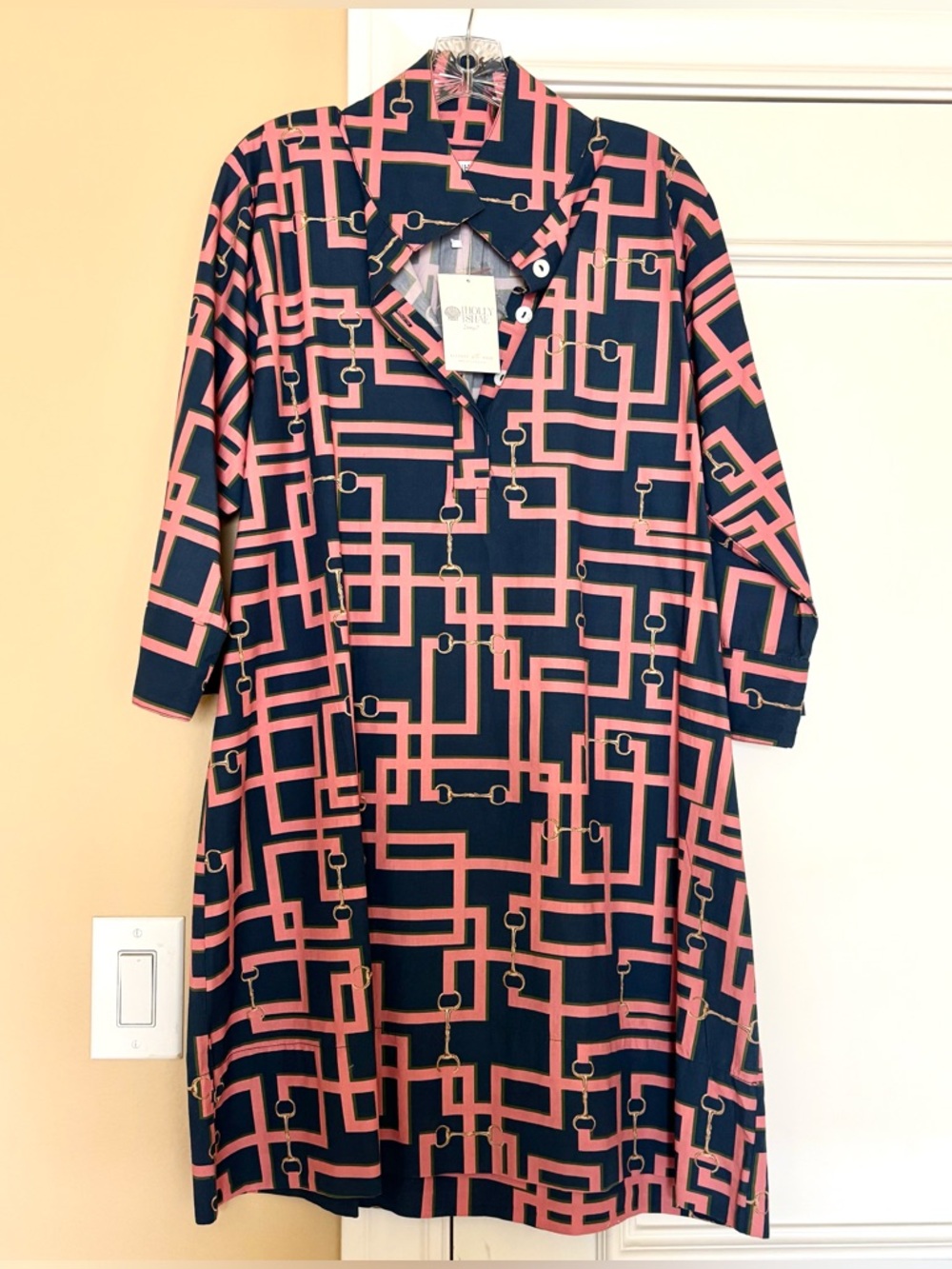 Holly Shae Geometric Print Navy & Pink Shift Dress